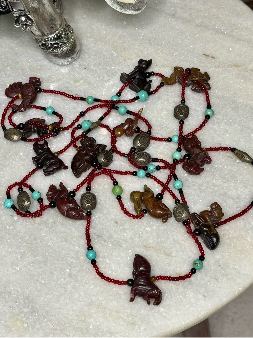 Vintage Fetish 12 Hand-Carved Gemstones Chinese Zodiac Symbols Necklace 78"